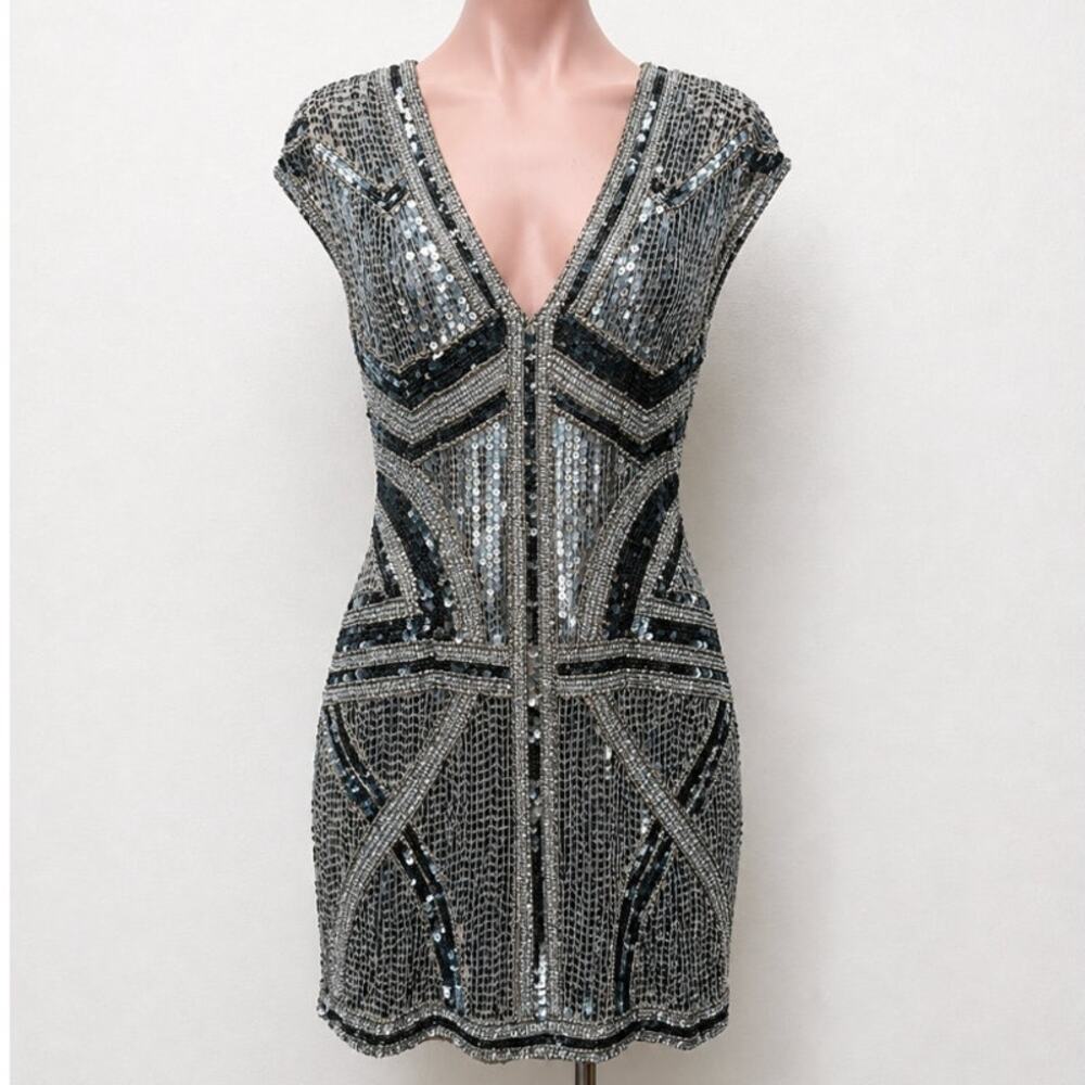 Parker Gray Silver & Rose Gold Sequin Aztec Print V-Neck Cap Sleeve Mini Dress S